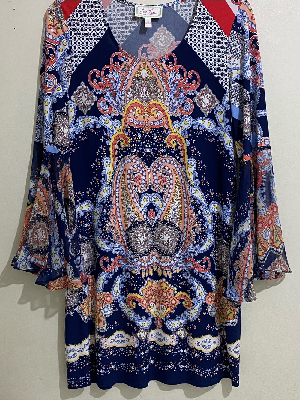 Ivy Lane Navy Paisley Gothic Sleeve V-Neck Tunic Dress Size L